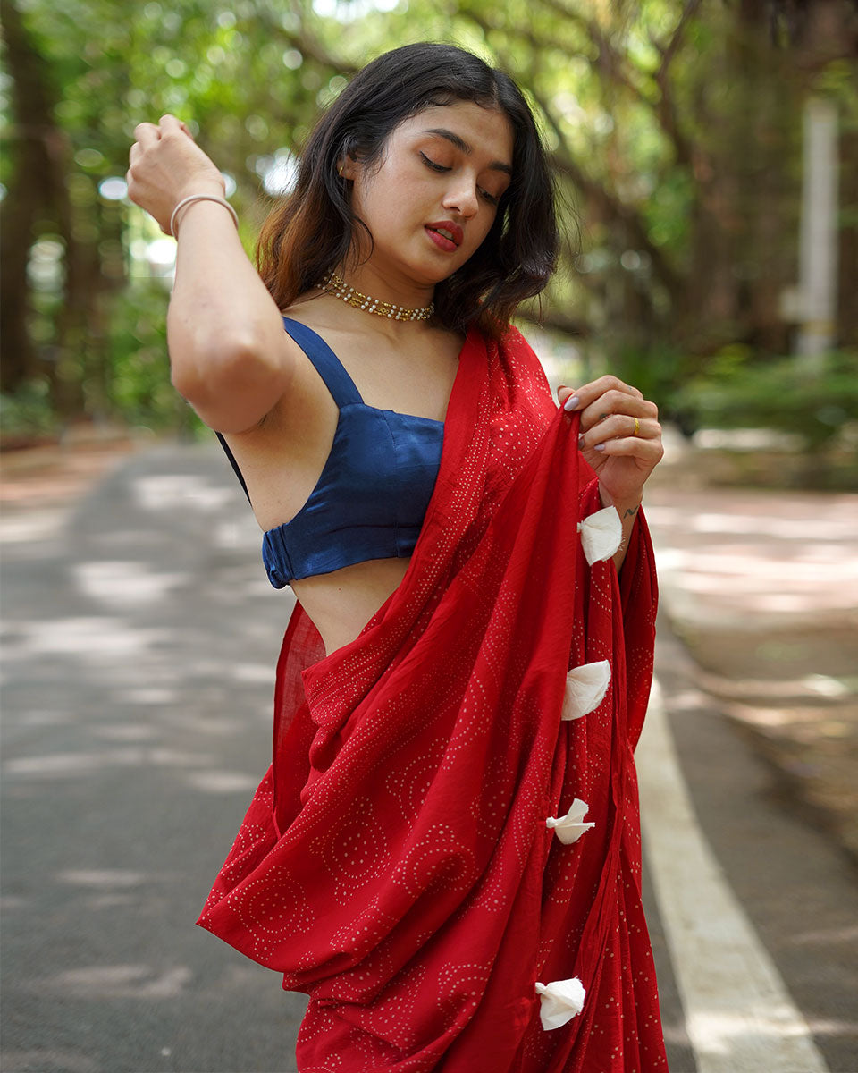 Raspberry Custard Red Handblock Print Cotton Saree - PBC