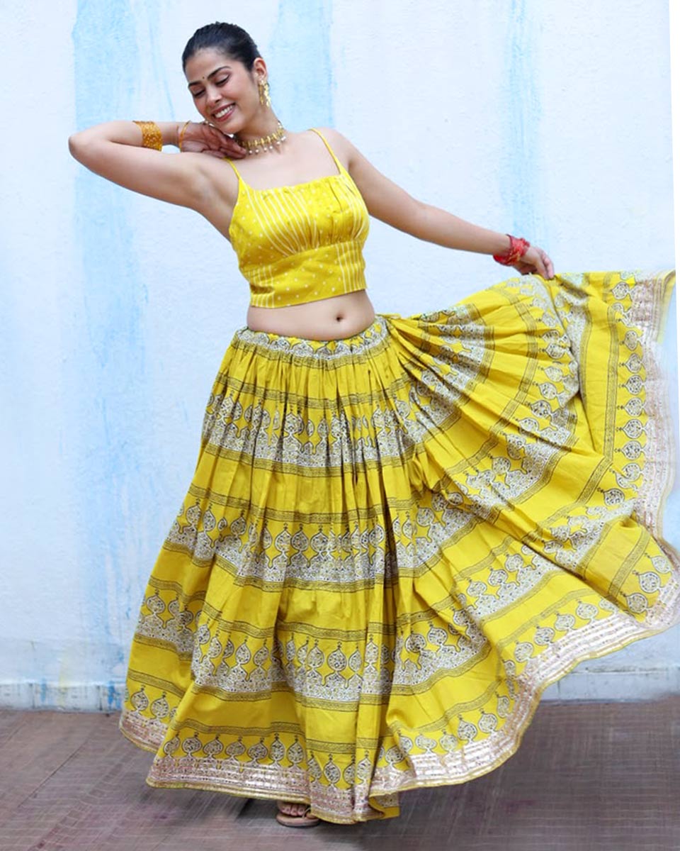 Ushashi Yellow Handblock Print Cotton Ghagra - RSH
