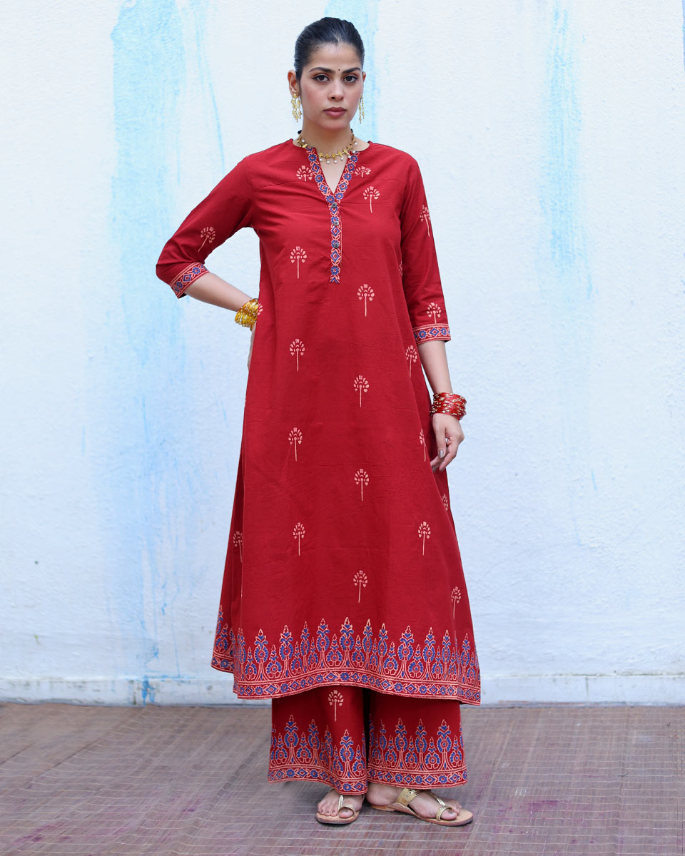 Anjuman Red Handblock Print Cotton Kurta Set - RSH