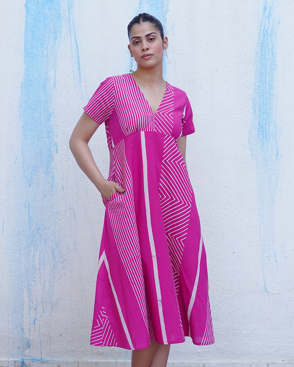 Bulbul Pink Handblock Print Cotton Dress - BFG