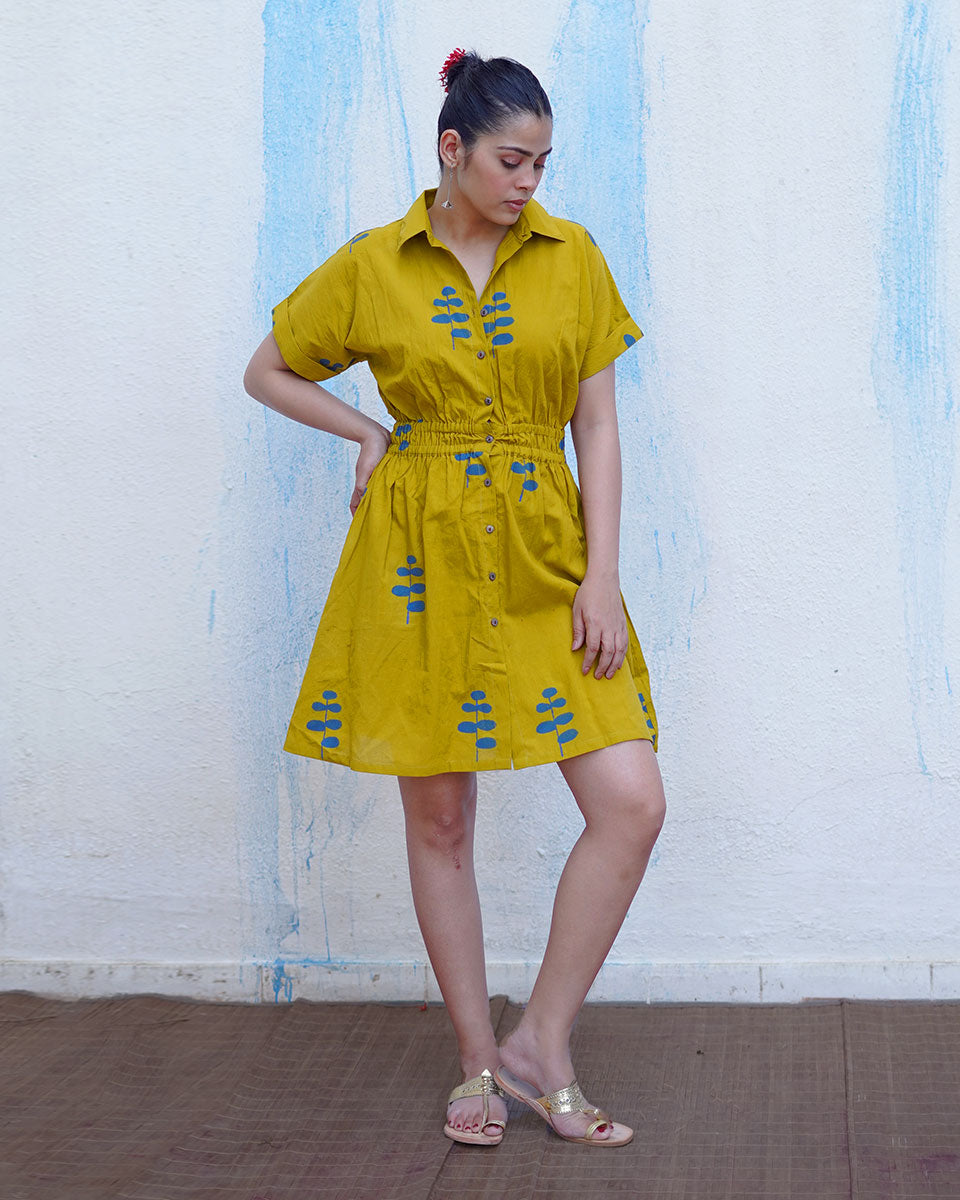 Chanchal Mustard Yellow Handblock Print Cotton Dress - BFG