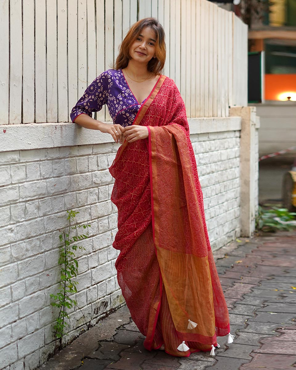 Ananya Red Handblock Printed Linen Saree - Anant