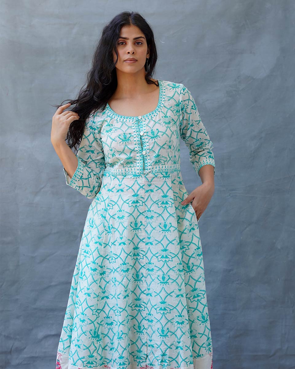 Chamomileâ€™s Calm Teal Green Block Printed Cotton Dress - MMG