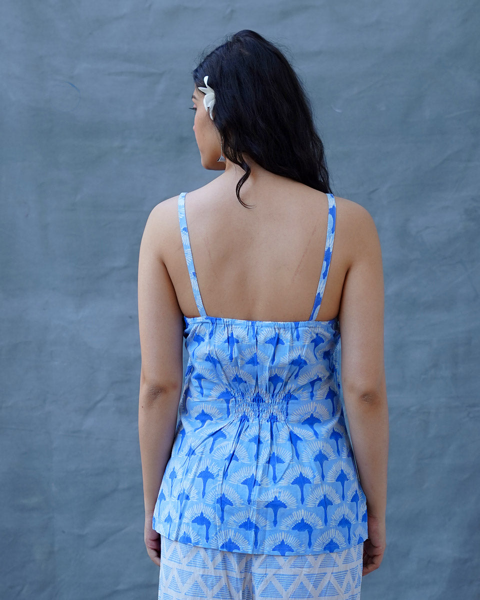 Varsha Ivory Blue Hand Block Printed Top-BAD