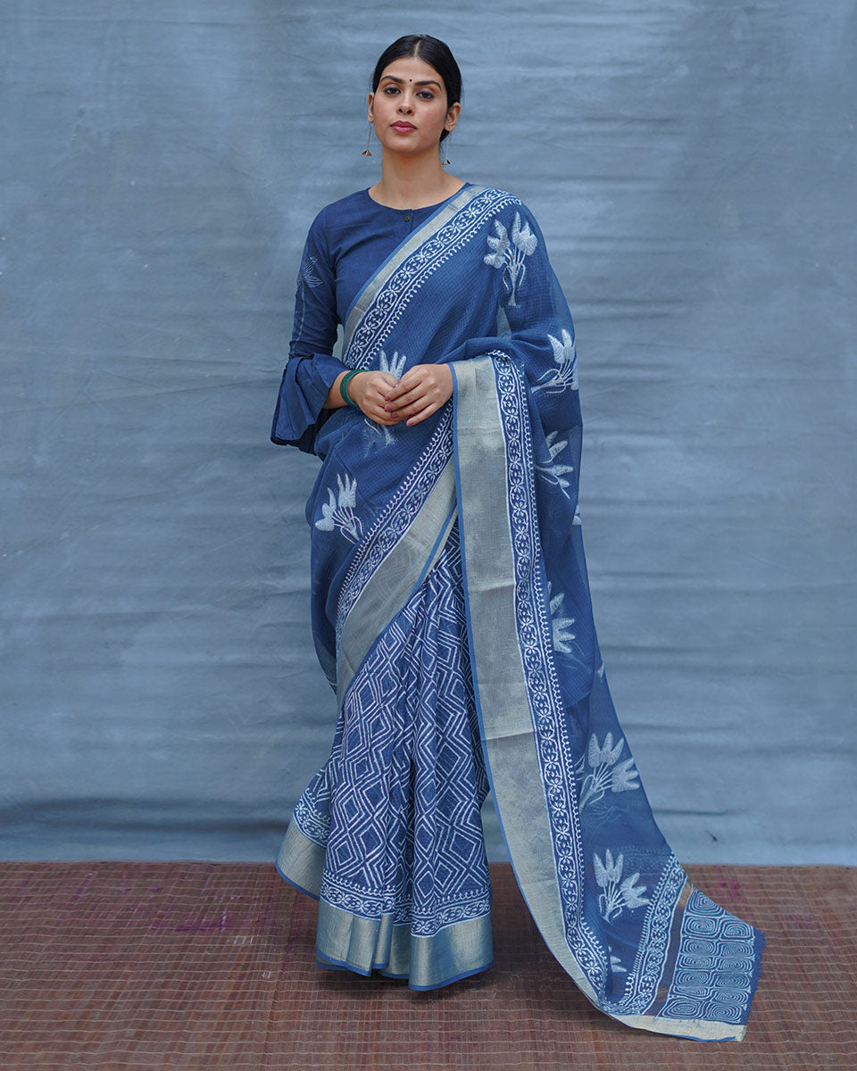Midnight Sky Blue Block Printed Kota Doria Saree - INDI