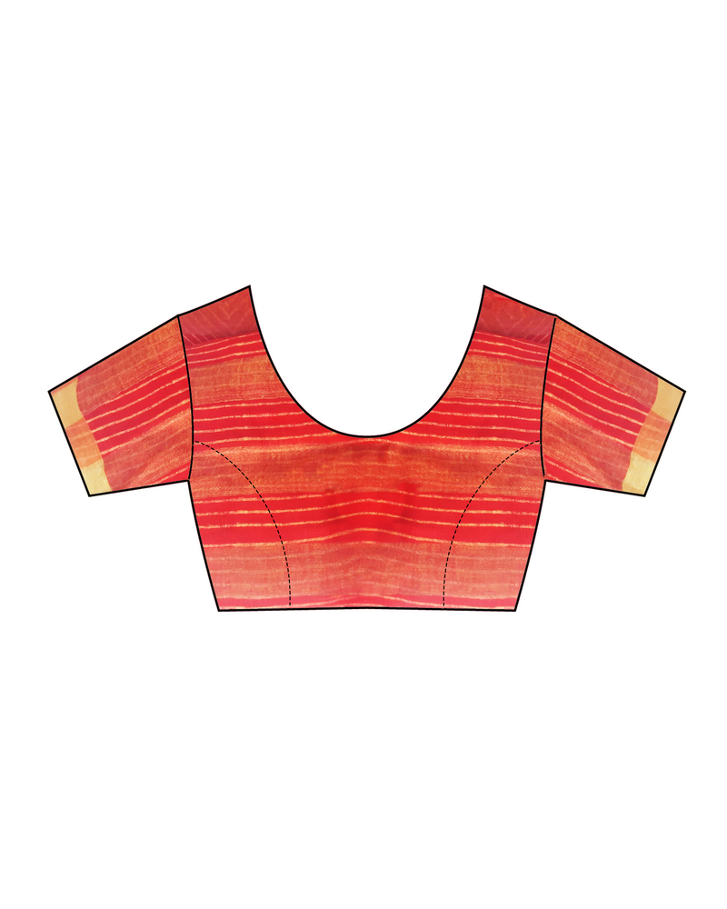 Red Block Printed Handwoven Linen Zari Saree - Anant