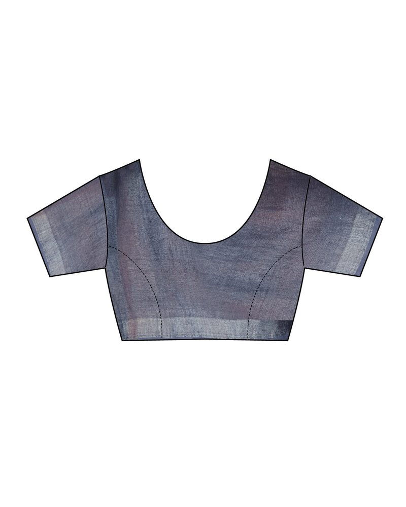 Grey Blockprinted Handwoven Linen Zari Saree - Anant