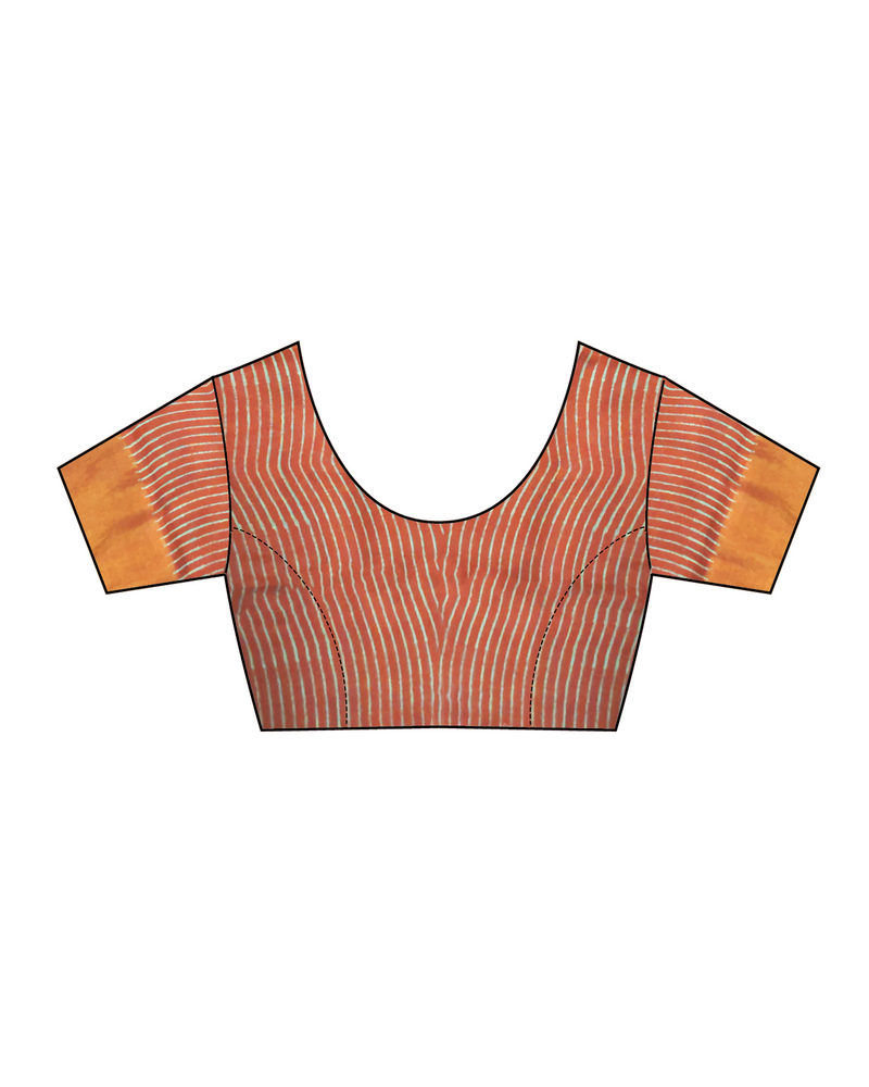Rust Blockprinted Handwoven Linen Zari Saree - Anant