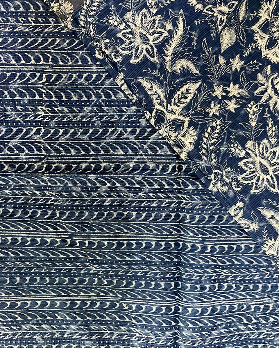 Waiting Sea Blue Block Printed Kota Doria Saree - INDI