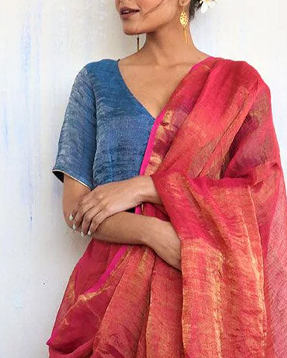 Inaayat Pink Handwoven Linen Saree-Melting Moon
