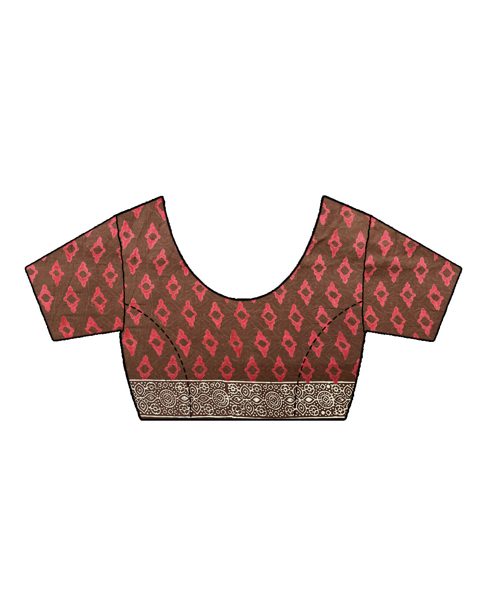 Tiramisu Barfi Maroon Brown Handblock Print Cotton Saree - PBC