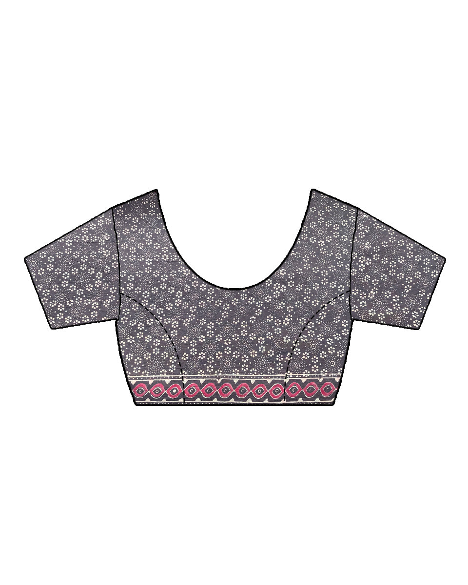Rose Milk Cake Grey With Pink Handblock Print Cotton Saree - PBC