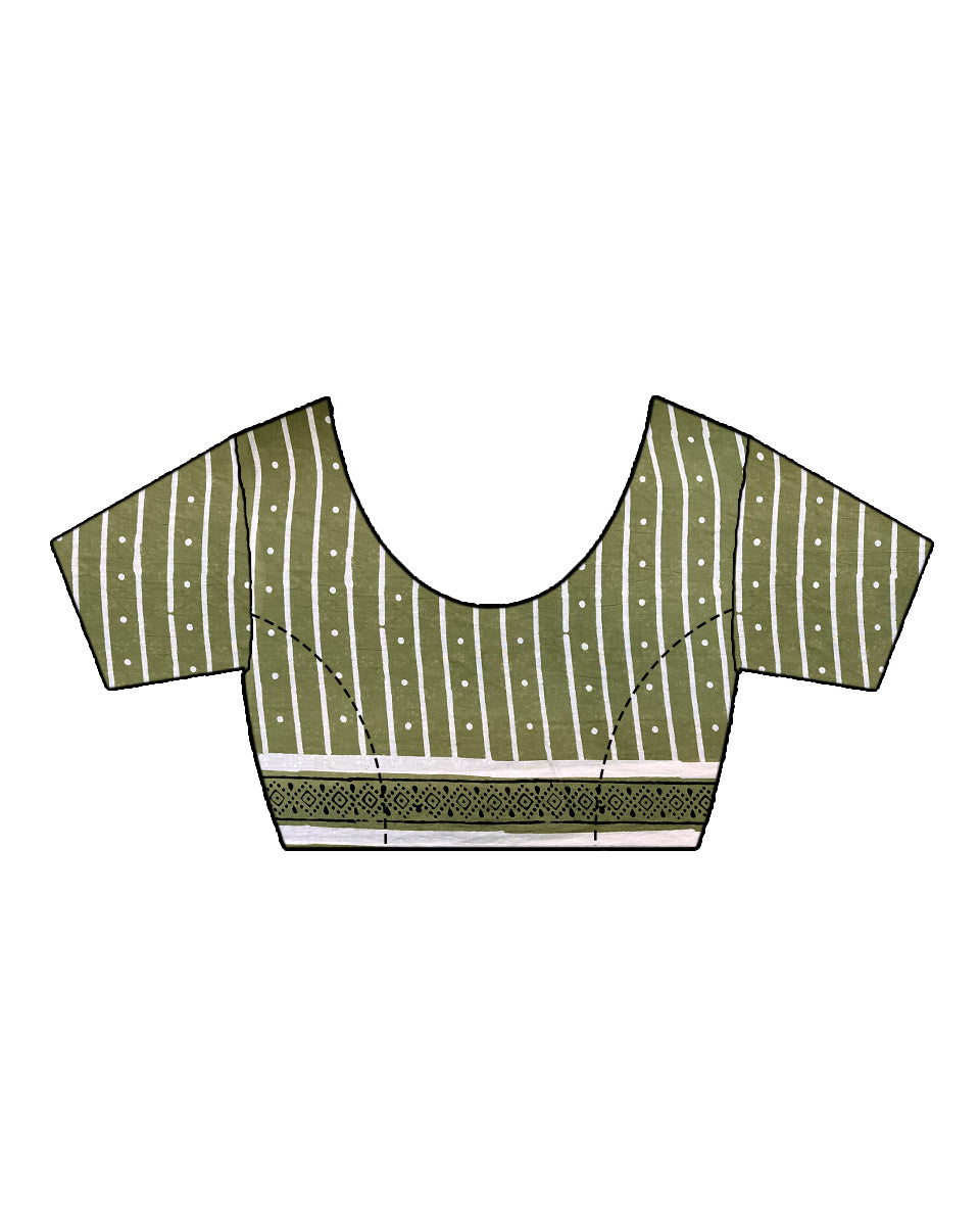 Kesar Phirni Olive Green Handblock Print Cotton Saree - PBC