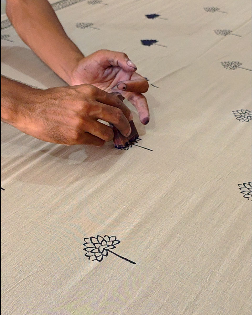 Coconut Chikki Beige Handblock Print Cotton Saree - PBC
