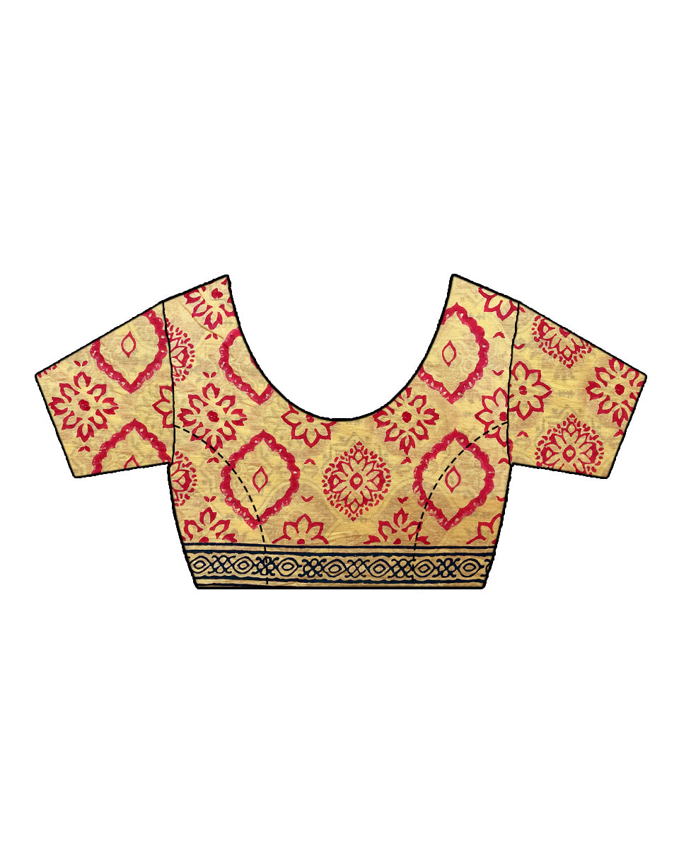 Chikoo Shake Mustard Yellow Handblock Print Cotton Saree - PBC