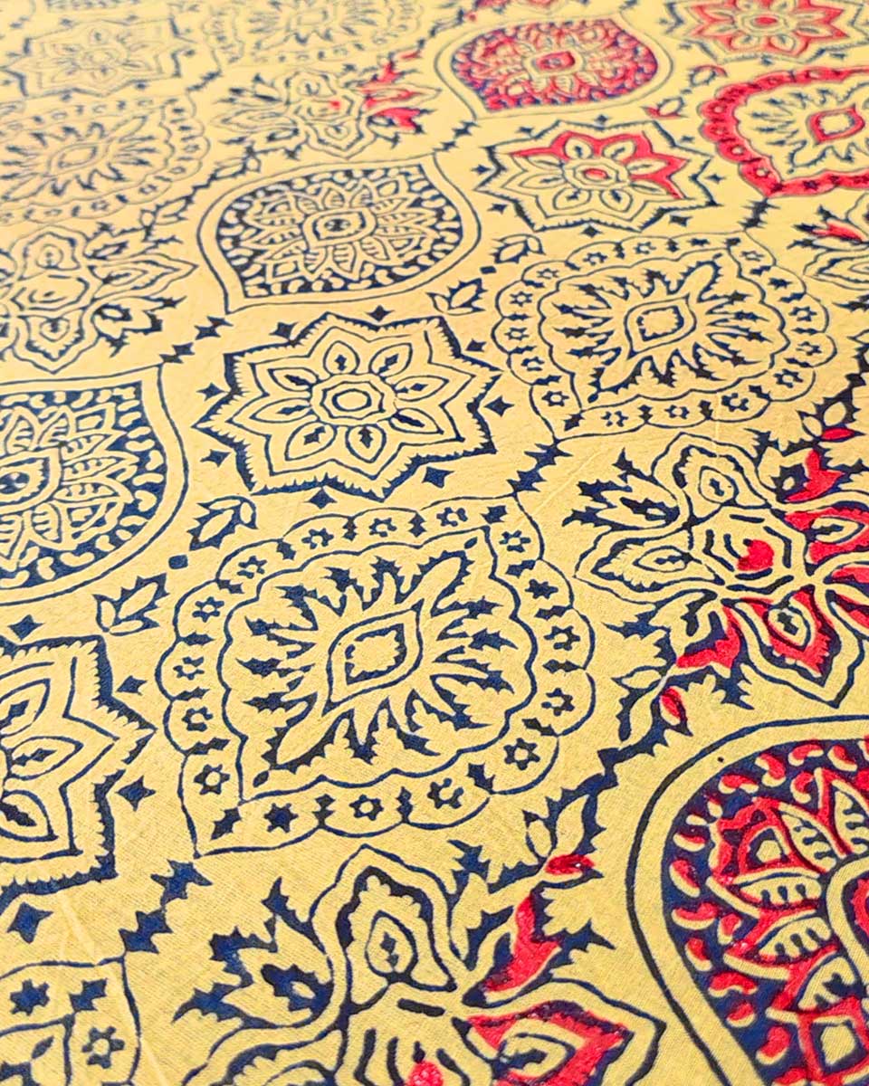 Chikoo Shake Mustard Yellow Handblock Print Cotton Saree - PBC