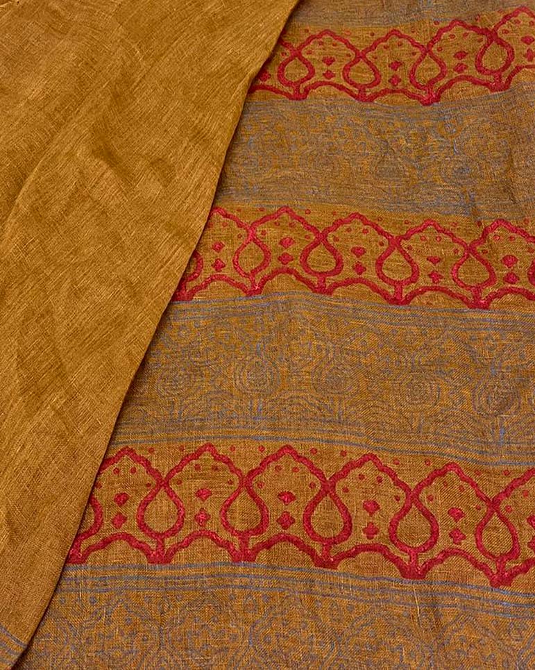 Deepika Mustard  Handblock Linen Saree - TARA