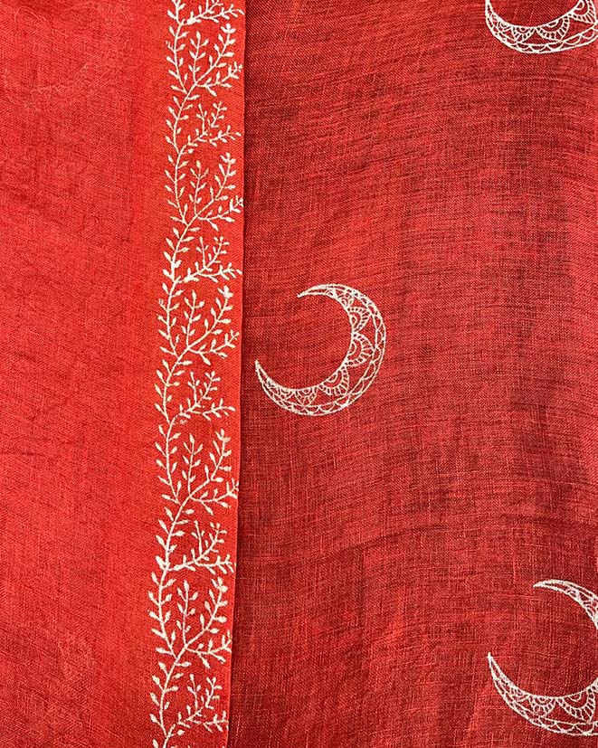 Taraani Red Handblock  Linen Saree - TARA