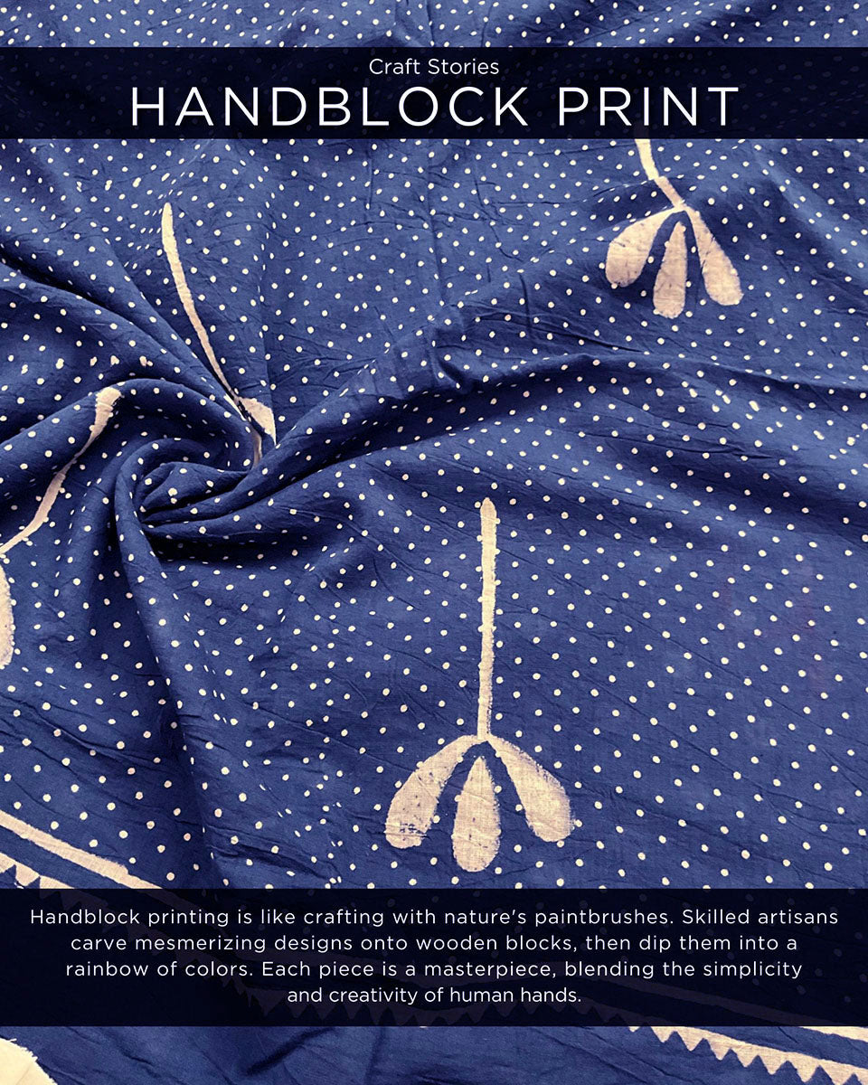 Blue Floret Hand Blockprinted Cotton Saree