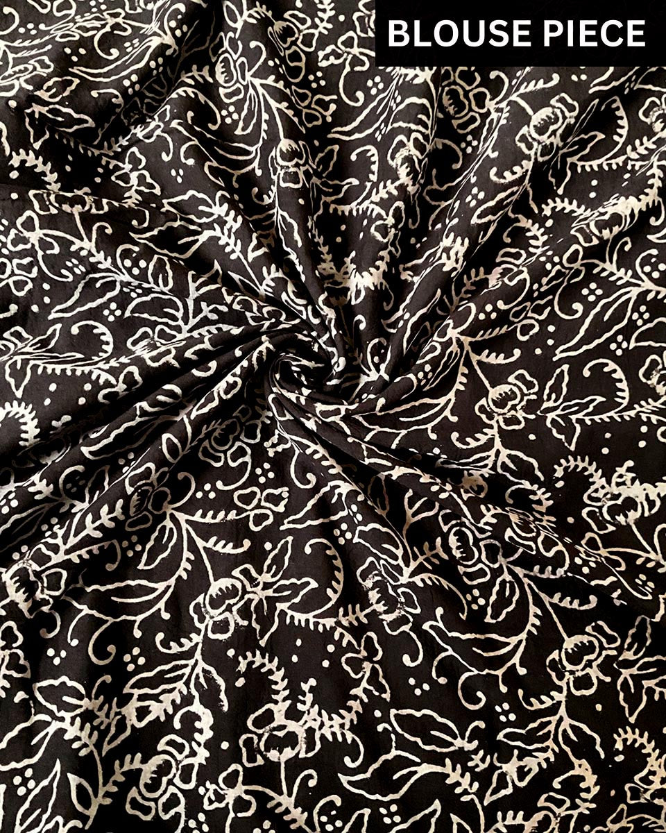 Nazmiyah Handblockprinted Cotton Saree - Kohl