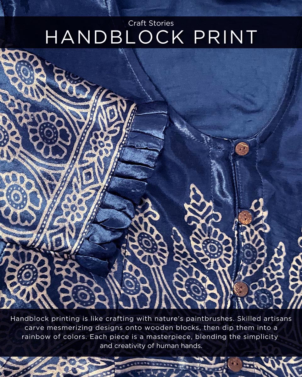 Blue Mashru Silk Blockprinted Blouse-Manjari
