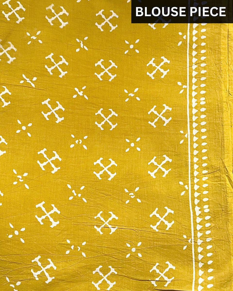 Apricot Sun Mustard Yellow Handblock Printed Cotton Saree