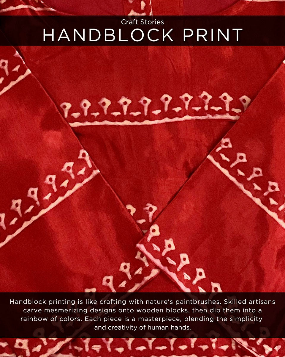Red Block Printed Blouse In Mashru Silk