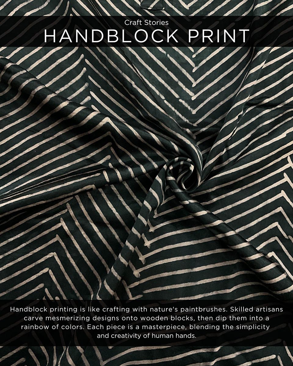 Black Stripe Handprinted Mashru Silk Kurta Set Of 2