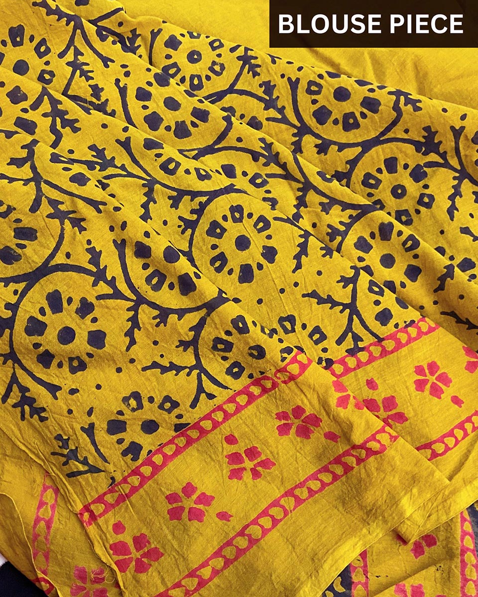 Mustard Block Printed Cotton Mul Saree - God