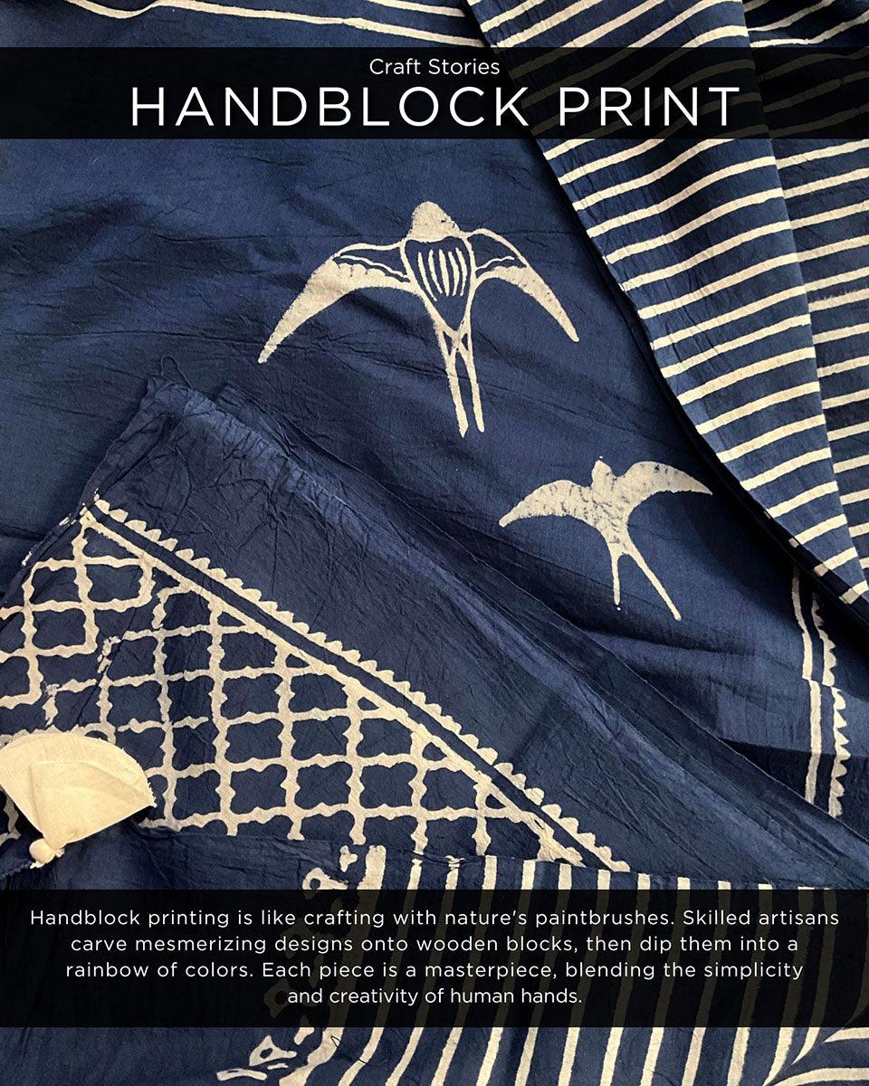 Indigo Bird Hand Blockprinted Cotton Saree - Fmtm