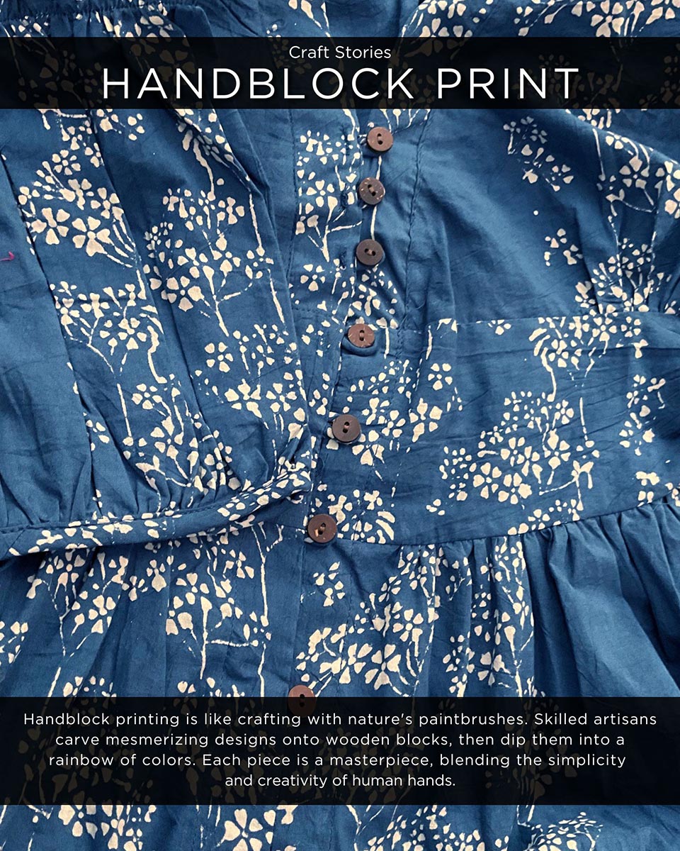 Blue Floral Block Printed Front Slit Cotton Dress-Mon