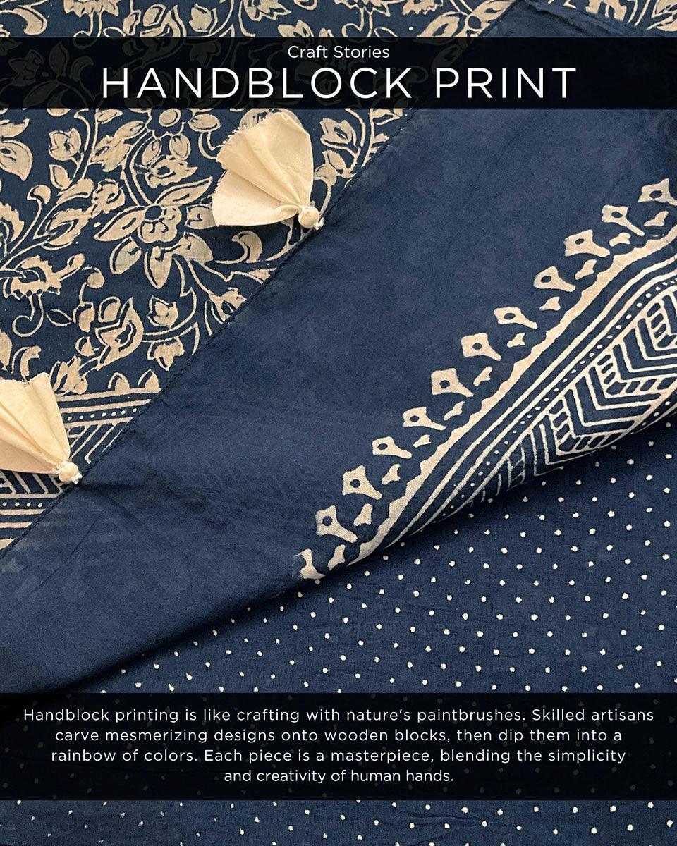 Indigo Garden Hand Blockprinted Cotton Saree