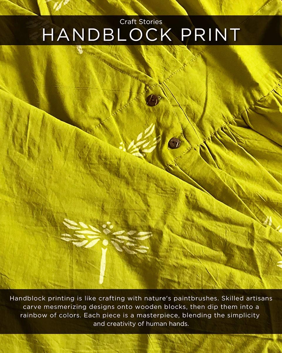Parrot Green Handprinted V Neck Pure Cotton Dress -Skd