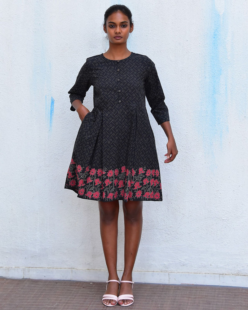 Azure Whispers Black Handblockprinted Cotton Dress - Hmbd