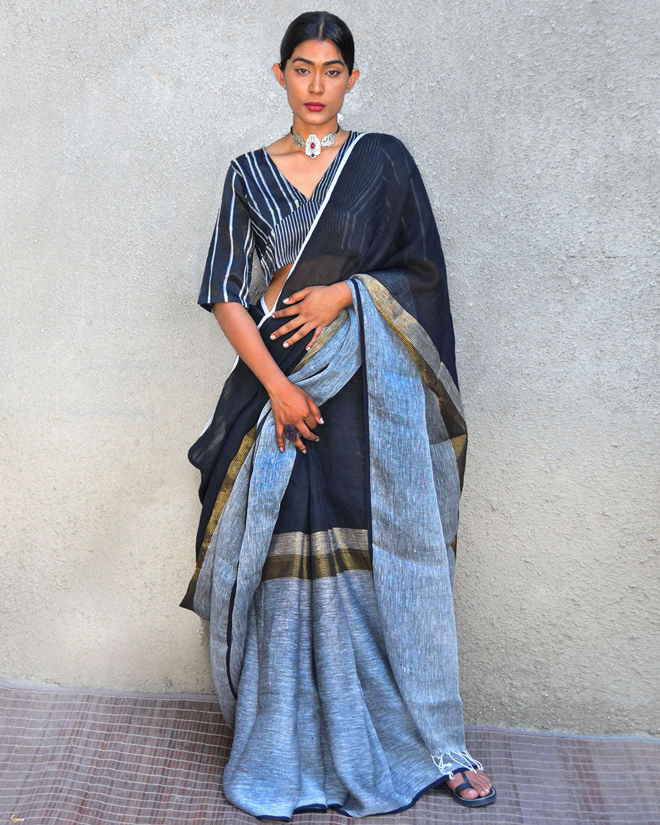 Dione Handwoven Linen Saree-Stardust