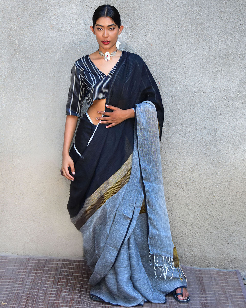 Dione Handwoven Linen Saree-Stardust
