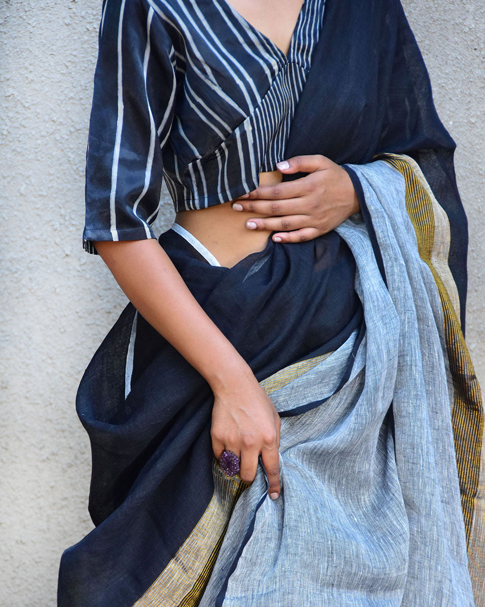 Dione Handwoven Linen Saree-Stardust