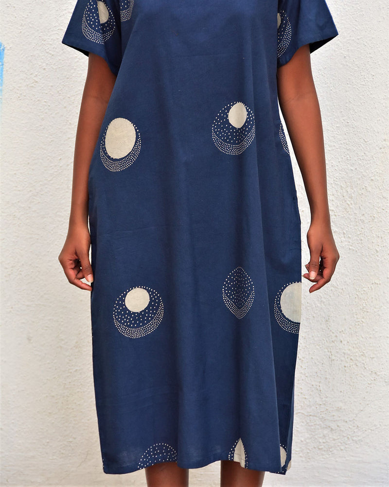 Wings Of Serenity Blue Handblockprinted Cotton Dress - Hmbd