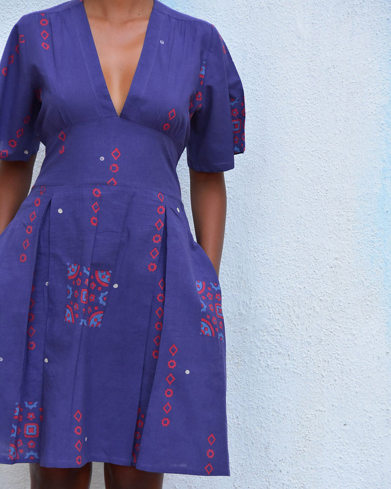 Blushing Blooms Purple Handblockprinted Cotton Dress - Hmbd