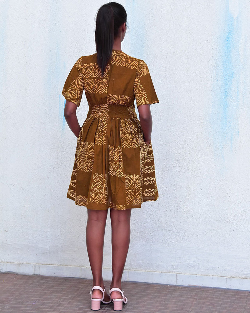 Golden Blossom Mustard Handblockprinted Cotton Dress - Hmbd