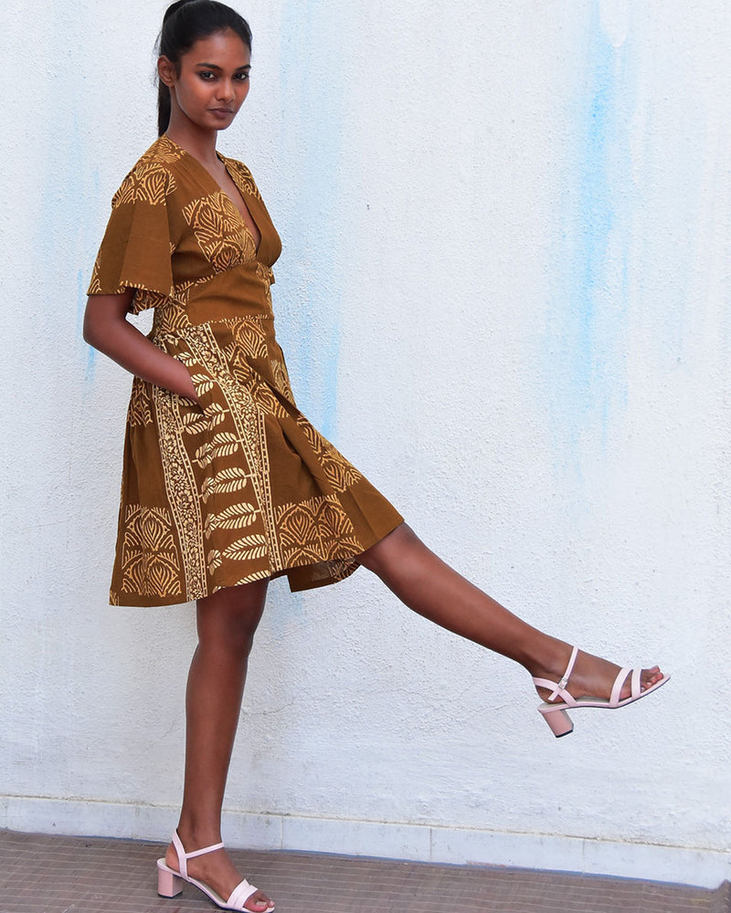 Golden Blossom Mustard Handblockprinted Cotton Dress - Hmbd