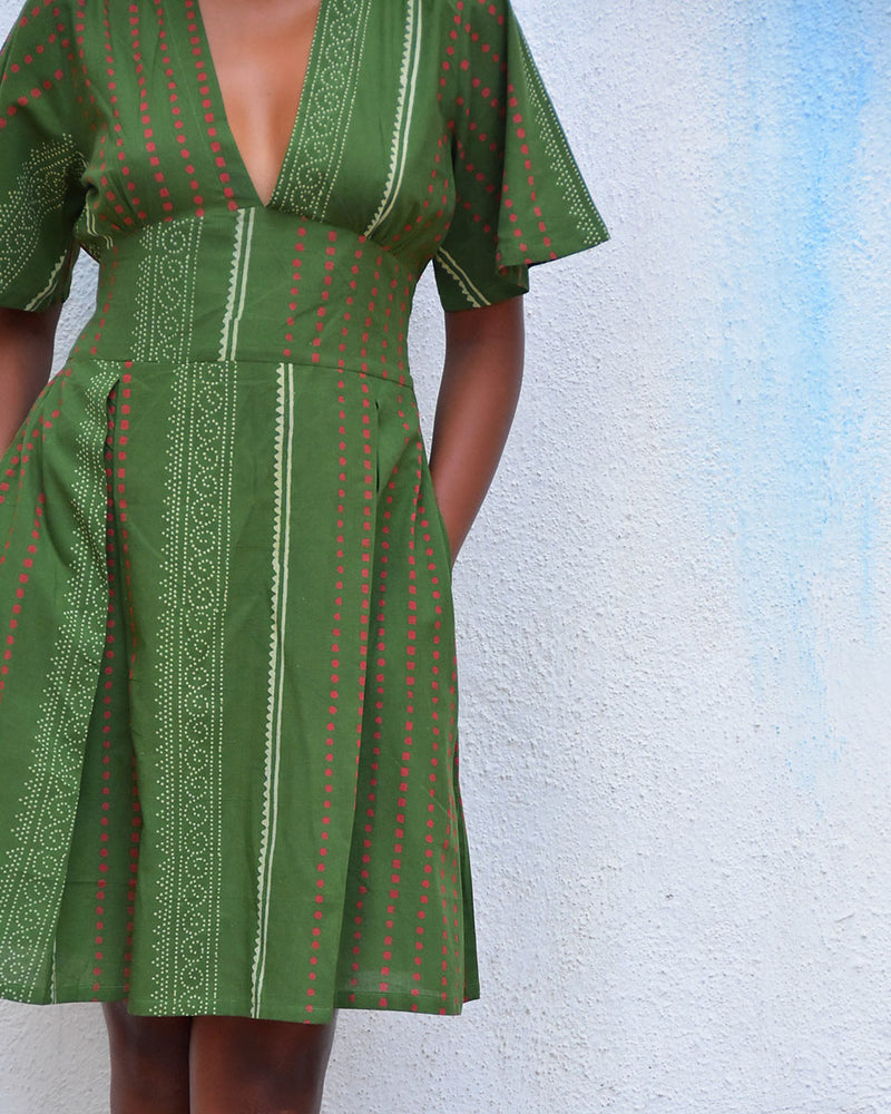Serene Splendor Olive Handblockprinted Cotton Dress - Hmbd