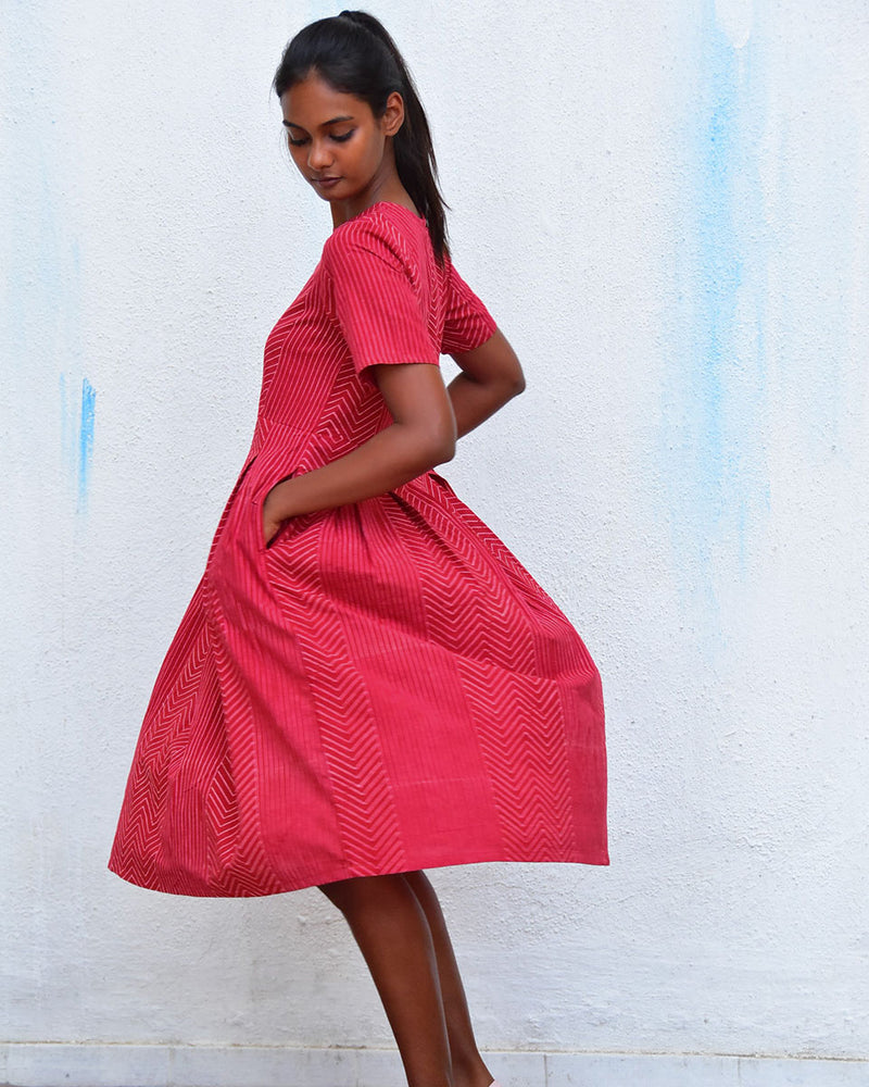 Whispering Willow Red Handblockprinted Cotton Dress - Hmbd