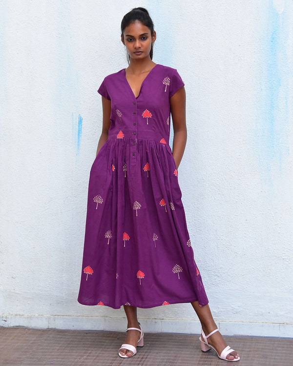 Pink Petals Purple Handblockprinted Cotton Dress - Hmbd