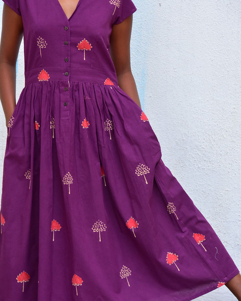 Pink Petals Purple Handblockprinted Cotton Dress - Hmbd