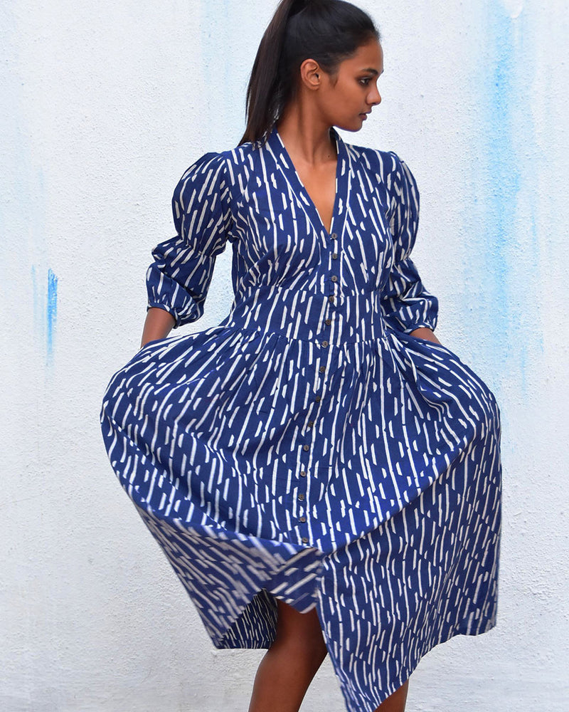 Deep Sea Blue Handblockprinted Cotton Dress - Hmbd