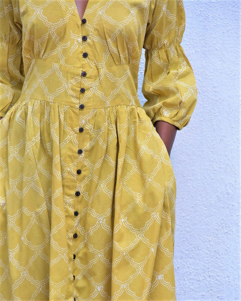 Mustard Sunrise Olive Handblockprinted Cotton Dress - Hmbd