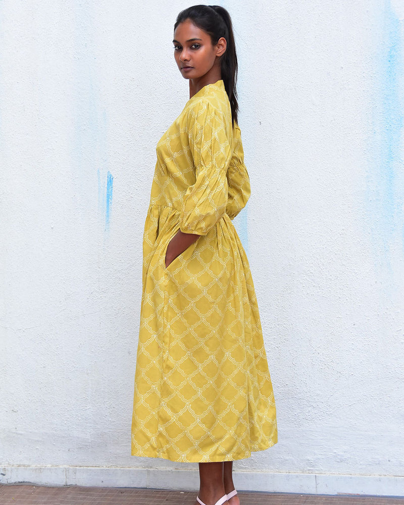 Mustard Sunrise Olive Handblockprinted Cotton Dress - Hmbd