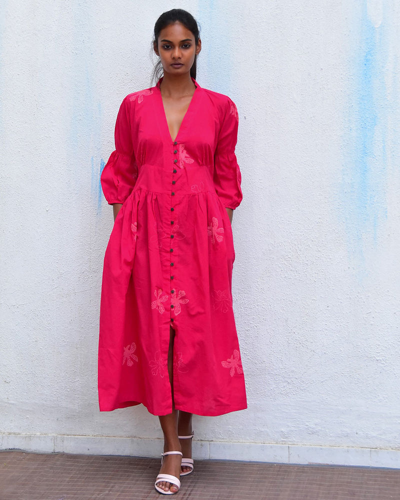 Royal Pink Handblockprinted Cotton Dress - Hmbd