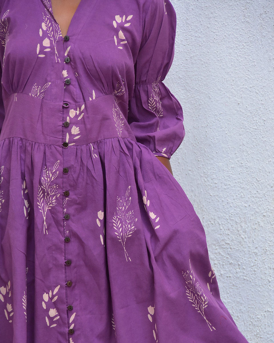 Humming bird Melody Purple Handblockprinted Cotton Dress - Hmbd